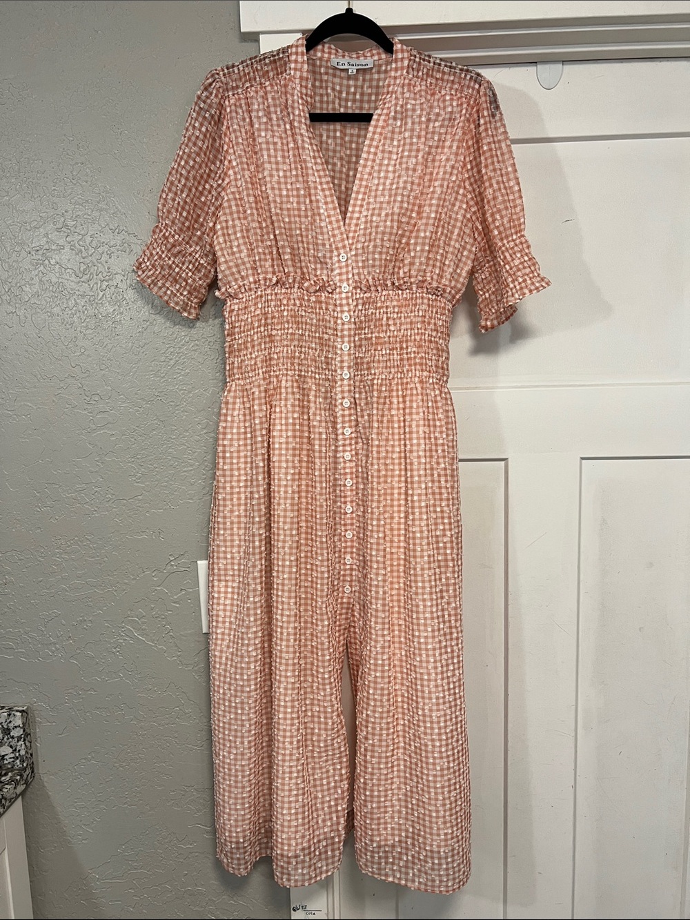 En Saison Colebee Pink Gingham Smocked Maxi Dress with puff sleeves size Small
